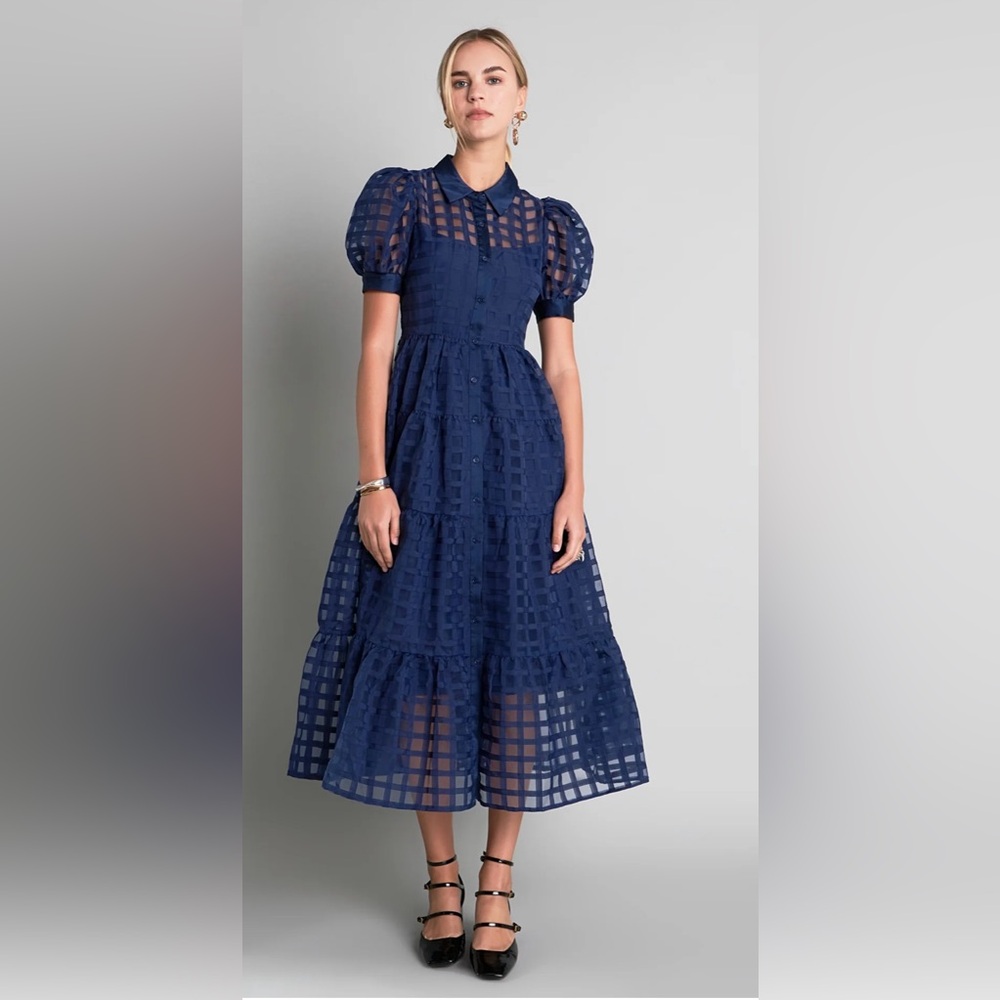Elegant navy blue checked/gridded organza tower dress